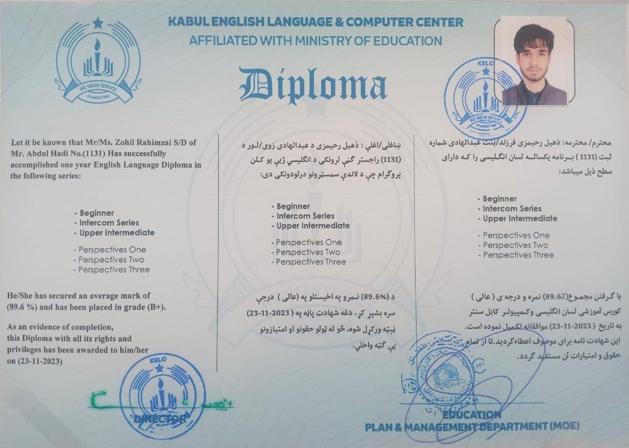 Kabul English Language Center certification